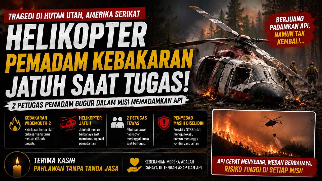 Helikopter Pemadam Jatuh di Utah, Dua Petugas Gugur di Tengah Kebakaran Hutan
